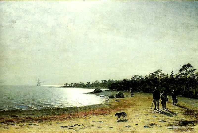 Eugene Jansson kustlandskap med figurer och hund pa sandstrand France oil painting art